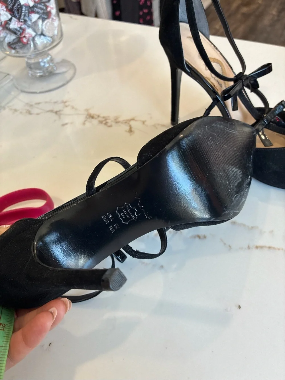 Nina Black T-Strap Pointed Toe Heels with Bow Accents